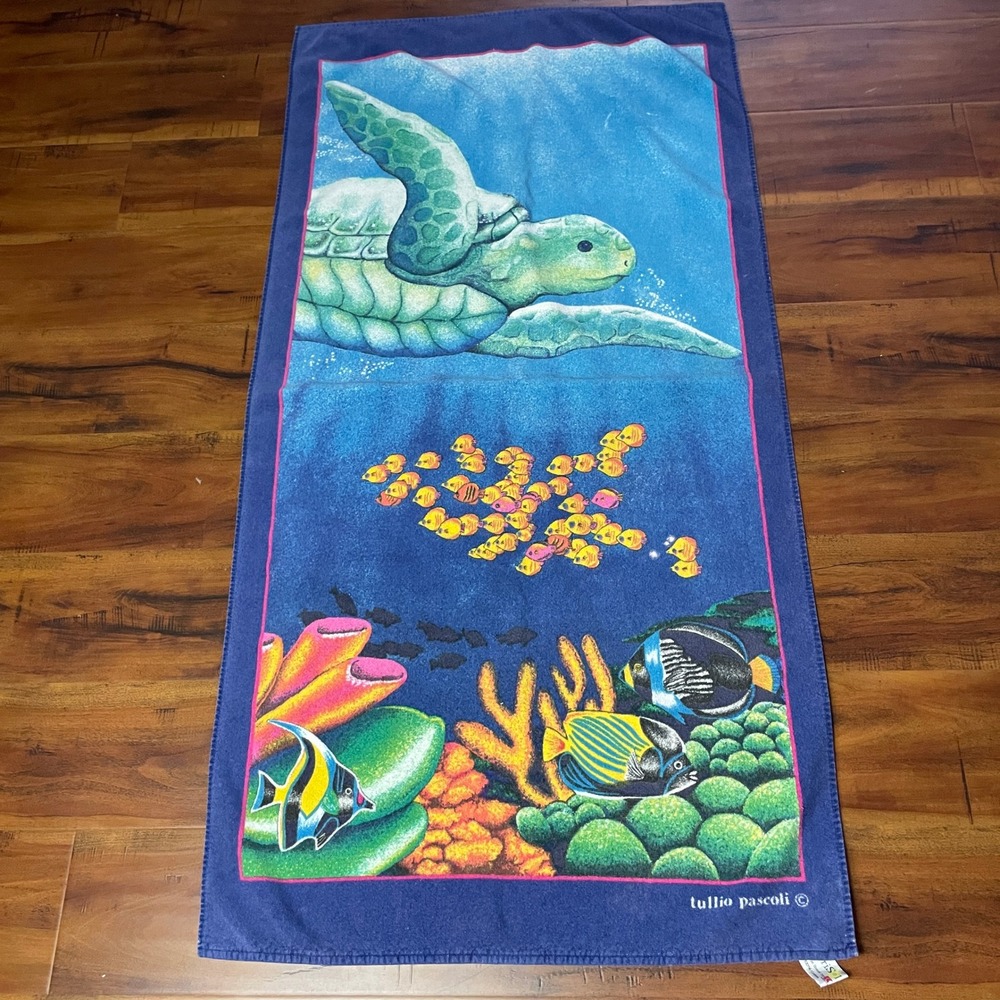 Vintage TerriSol Sea Turtle Beach Towel 27x53 Blue Underwater Coral Reef Honu